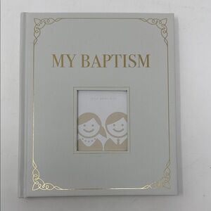 Baptism Journal with Gold Accents, front Cover open for a photo display. Book